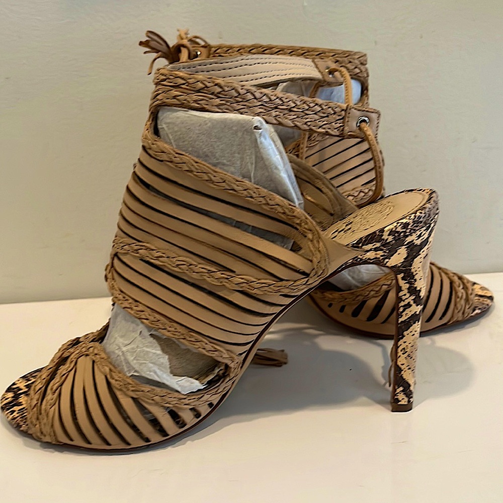 V C tan leather and snake print sandal. Ties at the ankle.